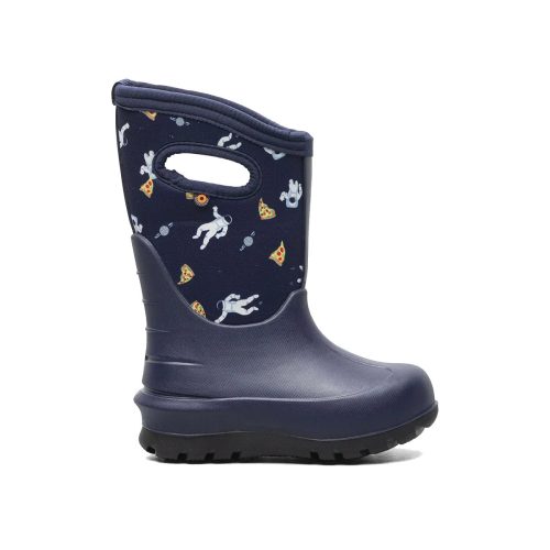 The BOGS NEO-CLASSIC SPACE PIZZA NAVY - KIDS by Bogs, featuring a pull-on handle and black sole, boasts seamless construction for maximum durability. This eco-friendly navy blue children's rain boot with astronaut and pizza slice patterns is also waterproof, ensuring little feet stay dry and comfortable no matter the weather.