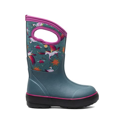 A children’s rain boot with a teal lower section and a multicolored upper featuring unicorn and star patterns. The BOGS CLASSIC II SPACE PEGASUS TEAL MULTI - KIDS from Bogs have an easy-carry handle, a durable black sole for better traction, and support natural foot movement.