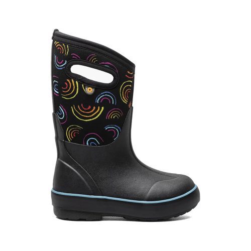 A single BOGS CLASSIC II WILD RAINBOWS BLACK MULTI - KIDS with colorful rainbow patterns and a light blue outline around the sole, featuring a handle hole near the top for easy carrying. Designed to support natural foot movement, it ensures better traction on wet surfaces by Bogs.