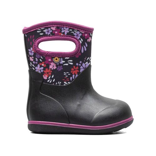 A toddler's Bogs BABY CLASSIC WATER GARDEN BLACK MULTI - TODDLERS lightweight waterproof boot with a floral pattern and a handle on the side.