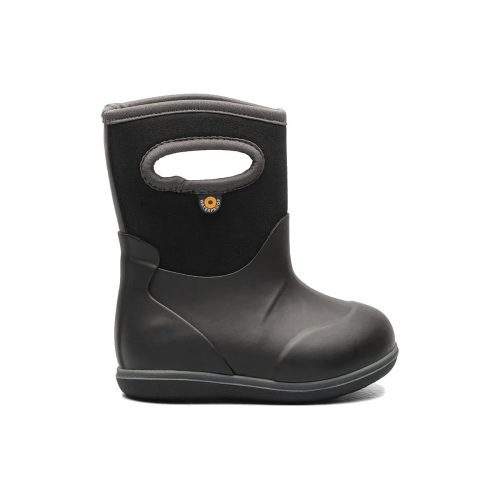 BOGS BABY CLASSIC SOLID BLACK - TODDLERS with a dark gray border and a small circular emblem on the side near the top, toddler-ready for any weather adventure by Bogs.