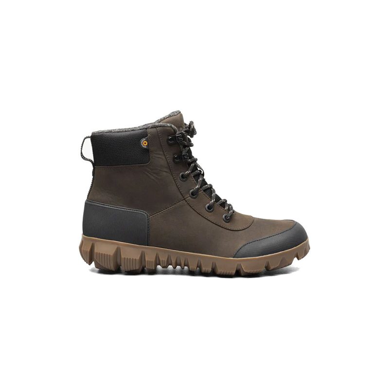 A single BOGS ARCATA URBAN LEATHER MID CHOCOLATE - MENS lace-up boot from Bogs, with a dark rubber sole and ankle support, perfect for winter, is displayed against a plain white background. This slip-resistant boot ensures you stay steady on your feet no matter the conditions.