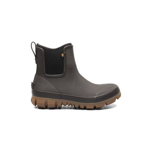 A single Bogs BOGS ARCATA URBAN CHELSEA DARK BROWN - MENS with a black stretchy side panel and a tan treaded slip-resistant sole, displayed on a white background.