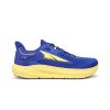 A blue and yellow athletic shoe with a thick, cushioned sole featuring Altra EGO™ MAX foam and an engineered mesh upper for breathability, proudly branded with "Altra" on the side—the ALTRA TORIN 7 BLUE/YELLOW - MENS by Altra.