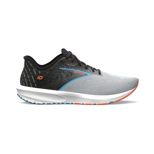 A side view of a single BROOKS LAUNCH 10 BLACK/GREY/ORANGE CLOWN FISH - MENS road-running shoe with a white and blue sole, featuring laces and Brooks branding on the tongue and side. This shoe boasts a breathable upper for added comfort on long runs.