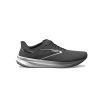 Side view of a black Brooks running shoe with a white sole and "Brooks" logo on the side. The model name "BROOKS HYPERION GUNMETAL/BLACK/WHITE - MENS" is visible near the heel, featuring ultralight cushioning ideal for speedy training.