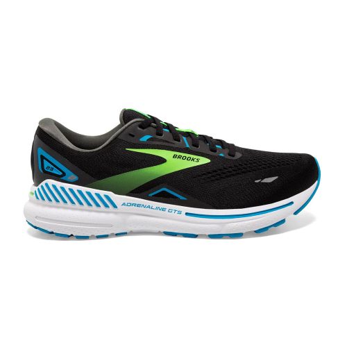 A black, green, and blue Brooks running shoe with a white sole, labeled "BROOKS ADRENALINE GTS 23 BLACK/HAWAIIN OCEAN/GREEN - MENS" on the side. These running shoes deliver the perfect balance of support and softness for your daily runs.