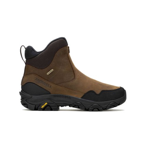 A brown, mid-height hiking boot with a black sole and rubberized accents. The side features a 'Merrell' logo and the sole has 'Vibram Arctic Grip' branding. The MERRELL COLDPACK 3 THERMO TALL ZIP WP EARTH - MENS also boasts waterproof construction and insulation for ultimate comfort in harsh conditions.