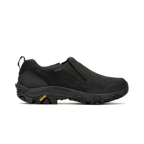 A single black MERRELL COLDPACK 3 THERMO MOC WP BLACK - MENS with a rugged sole and visible Merrell branding on the side and heel, featuring Vibram Arctic Grip for superior traction.