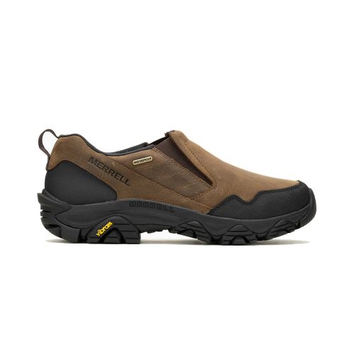 Brown and black MERRELL COLDPACK 3 THERMO MOC WP EARTH - MENS slip-on Merrell hiking shoe with waterproof insulation and Vibram Arctic Grip sole.