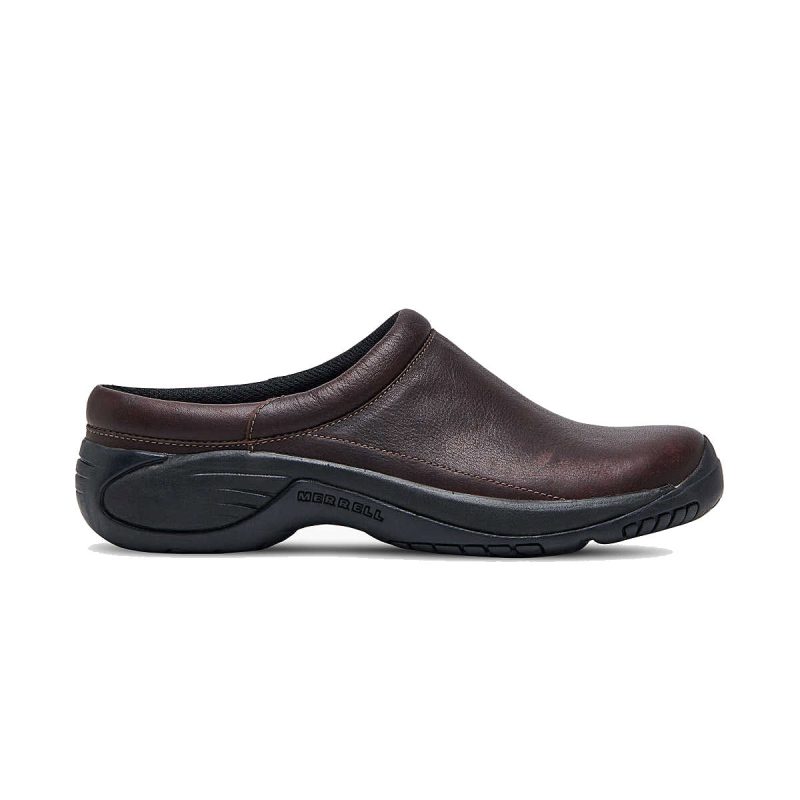 A Merrell MERRELL ENCORE GUST 2 ESPRESSO SMOOTH - MENS, featuring a closed toe and backless design, offers walking comfort with its durable outsole.