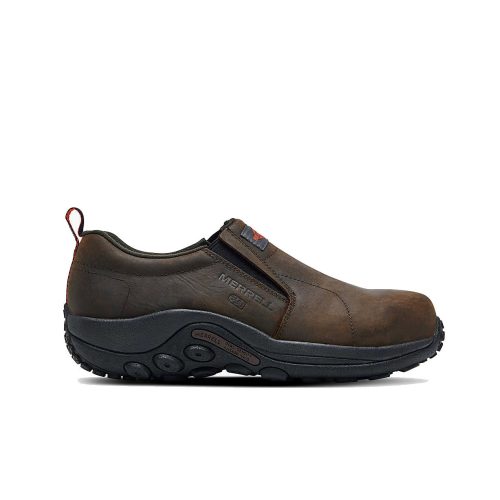 A Merrell MERRELL CT JUNGLE MOC LTR SD ESPRESSO - MENS, a brown slip-on shoe with a black sole, crafted from full-grain leather and featuring a pull tab, stitching details, and a slip-resistant outsole.