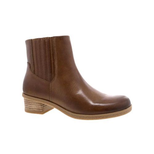 A waterproof Chelsea boot with a low stacked heel, side elastic gusset, and leather-covered footbed, the DANSKO DAISIE TAN BURNISHED - WOMENS by Dansko.