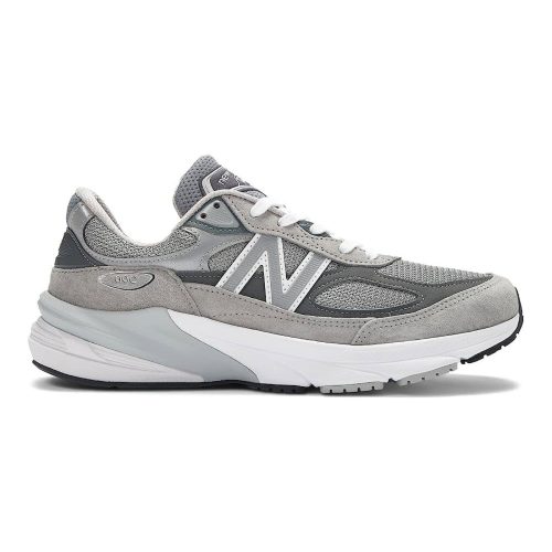 A grey and white New Balance NEW BALANCE 990 V6 GREY - MENS with a mesh upper, branded with an "N" logo on the side, and a cushioned sole featuring ENCAP midsole cushioning, assembled in the USA.