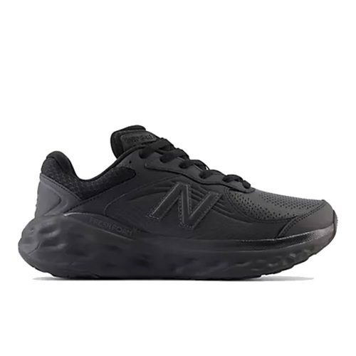 A black walking shoe with a thick, textured sole and the New Balance logo on the side, featuring slip-resistant properties and highly cushioned support for ultimate comfort is the NEW BALANCE SLIP RESISTANT FRESH FOAM X 840V1 BLACK - MENS by New Balance.