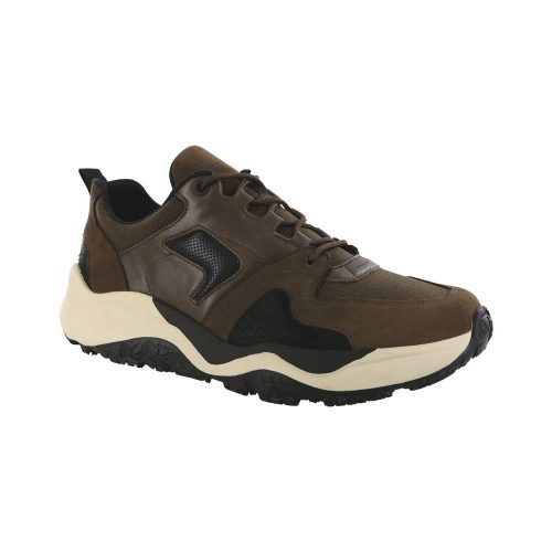 Brown and black SAS Low Country Big Bend men's sneaker with a chunky sole and breathable knit upper, isolated on a white background.