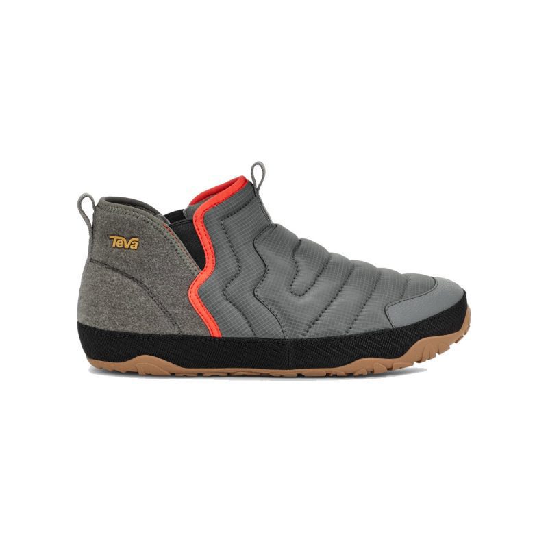 A gray and orange slip-on shoe featuring a quilted ripstop upper, rubber sole, and Teva logo on the side. The product name is TEVA REEMBER TERRAIN MID SLIP ON SEDONA SAGE MULTI - MENS by Teva.