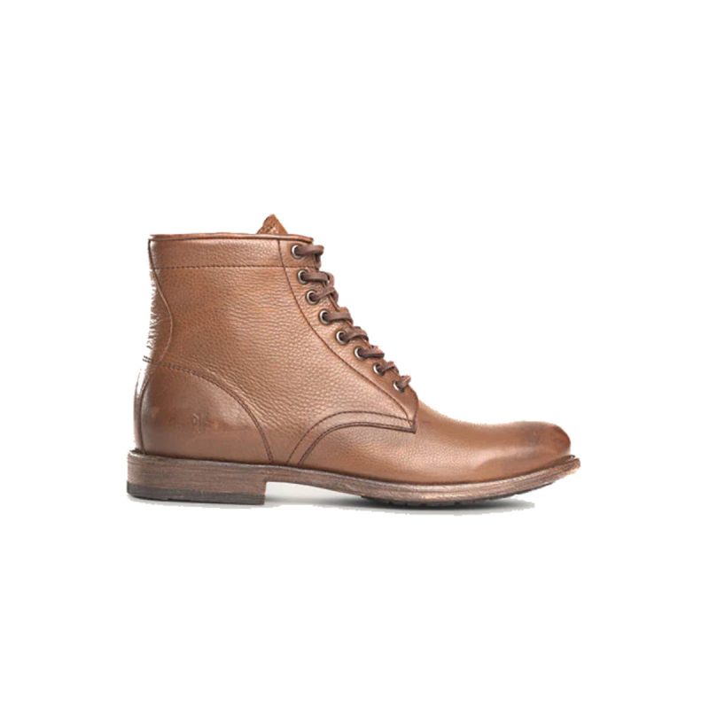 A single brown handcrafted FRYE TYLER LACE UP COGNAC VINTAGE LEATHER - MENS boot with a slight heel and a rounded toe, shown in a side view against a white background, exudes vintage attitude.