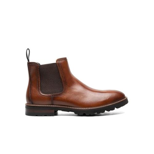 The Florsheim FLORSHEIM RENEGADE PLEAIN TOE GORE BOOT COGNAC SMOOTH - MENS is a brown leather Chelsea dress boot featuring black elastic side panels, a black pull tab, and a durable black rubber sole.