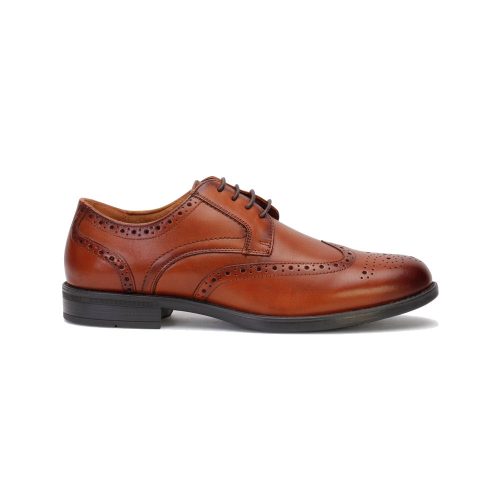 A single Florsheim FLORSHEIM MIDTOWN WINGTIP OXFORD COGNAC - MENS shoe with decorative perforations, featuring laces and a rubber sole with Ortholite foam for comfort, displayed against a white background.