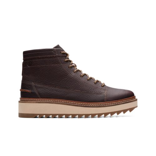 A side view of a dark brown leather ankle boot with tan laces, a thick beige sole, and a jagged tread pattern, perfect for urban excursions or rugged cross-country hikes: the Clarks CLARKHILL HI BOOT DARK BROWN LEATHER - MENS.