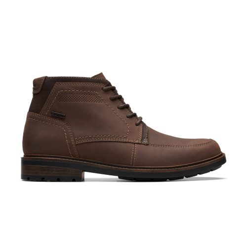 A CLARKS UNSHIRE HI WP DARK BROWN LEATHER - MENS boot by Clarks, featuring a dark brown sole and white stitching, ensures both style and comfort.