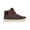 A Ugg UGG BAYSIDER HIGH WEATHER SNEAKER GRIZZLY LEATHER - MENS with a white sole and brown laces, featuring suede detailing on the collar and crafted from waterproof leather.