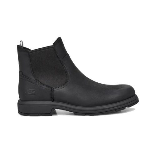 A UGG BILTMORE WATERPROOF CHELSEA BLACK - MENS with a waterproof full-grain leather upper, elastic side panels, a pull-tab, and a rubber sole—perfect for navigating urban environments.