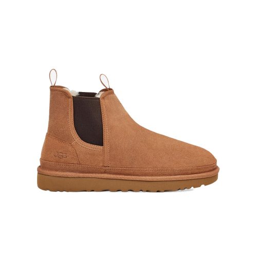 A single brown suede UGG NEUMEL INSULATED CHELSEA BOOT CHESTNUT - MENS with side elastic panels, pull tabs, and a rubber sole designed for cold weather.