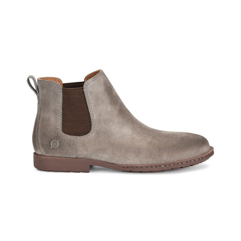 Gray **Born BORN SHANE CHELSEA BOOT SUEDE TAUPE - MENS** with a breathable suede lining, elastic side panels, brown sole, and pull tab at the back.