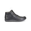 Introducing the BORN NIGEL LACE CHUKKA BOOT BLACK - MENS by Born: This single black leather ankle boot with laces features a round toe and a flat sole, showcasing a hiker-inspired design that adds rugged appeal to your outfit.