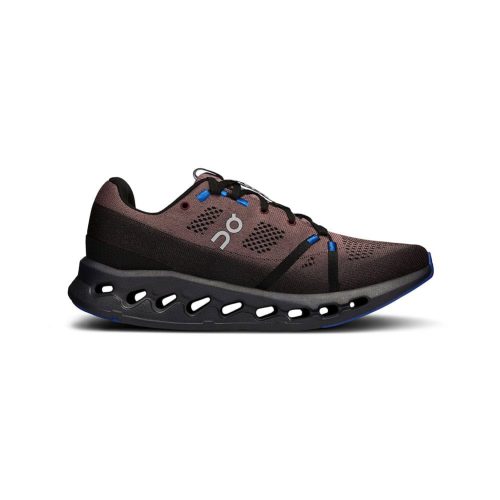 Side view of a black and maroon training shoe with a thick, perforated sole and blue accents. The ON RINNING CLOUD SURFER BLACK COBALT - MENS features the On Running logo on the side, ensuring seamless weight transfer for optimum performance.