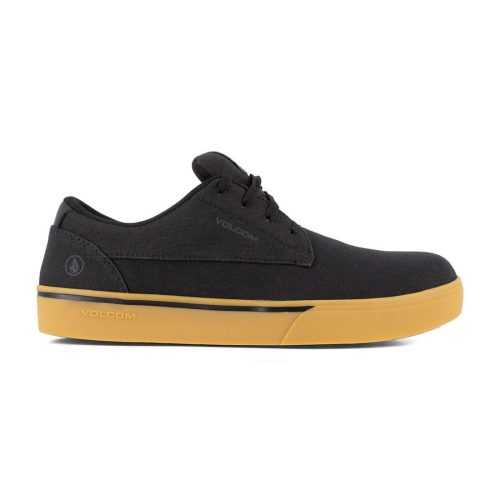 A VOLCOM CT CANVAS SNEAKER BLACK METAL FREE - MENS with a gum-colored sole, featuring laces, subtle branding on the side and heel, and slip-resistant properties for enhanced functionality.