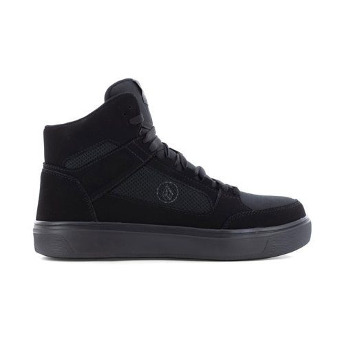 A VOLCOM CT HI TOP NUBUCK SNEAKER BLACK METAL FREE - MENS by Volcom with a rubber sole, lace-up front, and protective toes—ideal work shoes designed to be slip-resistant.