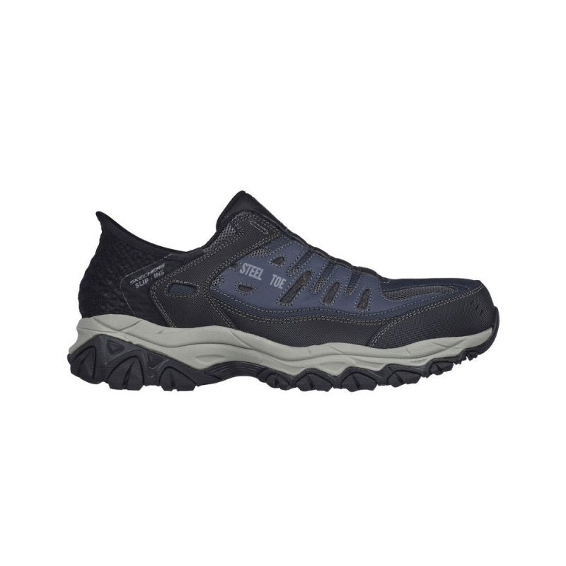 A navy Skechers SKECHERS STEEL TOE CANKTON SLIP ON NAVY - MENS athletic shoe featuring a rugged sole, Air-Cooled Memory Foam for comfort, and breathable material, shown in a side profile view.