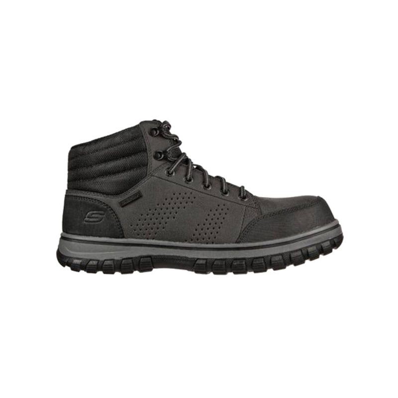 A SKECHERS COMP TOE DASSAH MID WATERPROOF BLACK - MENS with lace-up closure and a rugged textured sole. This waterproof work boot from Skechers features a small logo on the side and includes an Air-Cooled Memory Foam insole for extra comfort.