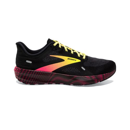 The Brooks BROOKS LAUNCH 9 BLACK/PINK/YELLOW - MENS lightweight running shoe features a black breathable mesh upper with a vibrant yellow and pink gradient logo and accents, complemented by a springy underfoot feel and a striking red and black patterned sole.