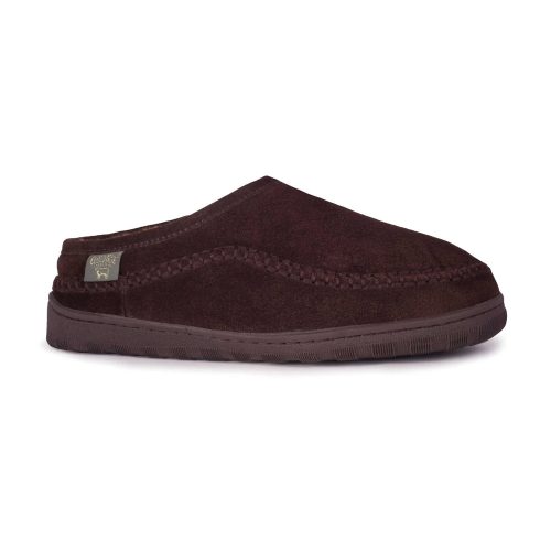 A single Deer Stags CLOUD NINE PACIFIC SLIDE CHOCOLATE SUEDE - MENS, promising foot happiness with its stitched seam and a label on the side, set against a white background.