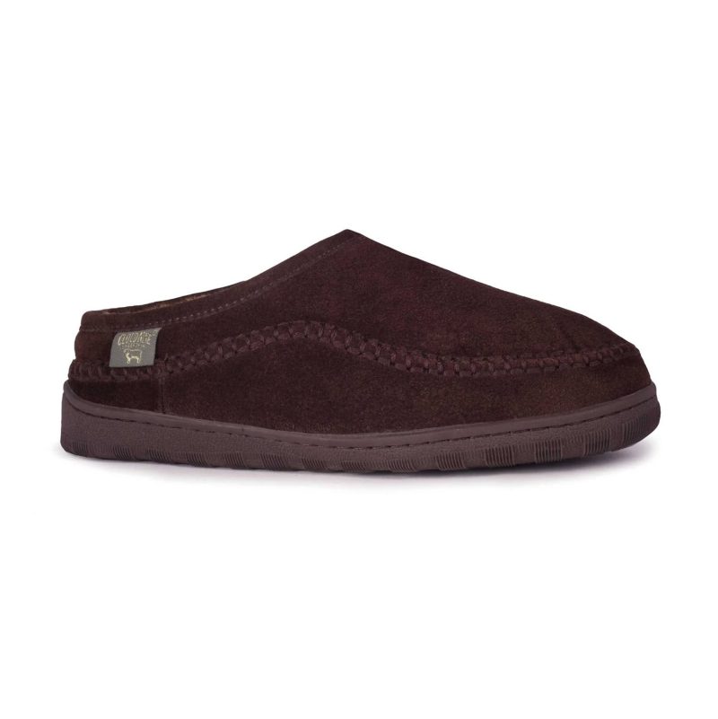 A single Deer Stags CLOUD NINE PACIFIC SLIDE CHOCOLATE SUEDE - MENS, promising foot happiness with its stitched seam and a label on the side, set against a white background.