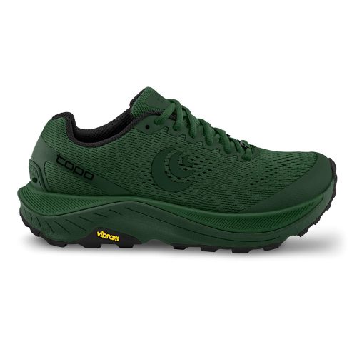 A green athletic shoe, the TOPO ULTRAVENTURE 3 GREEN/FOREST- MENS, features the brand name "TOPO" on the side and yellow "Vibram XS Trek EVO outsole" branding on the sole.