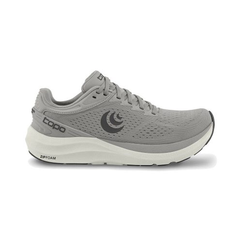 The TOPO PHANTOM 3 GREY/GREY - MENS by Topo Designs is a gray athletic shoe featuring a white sole, ZipFoam cushioning, and engineered mesh for breathability. It also showcases the brand logo on the side and "Topo" marked near the heel.