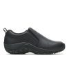 Side view of a Merrell MERRELL JUNGLE MOC 2 PRO SLIP RESISTANT WATERPROOF BLACK - MENS with a thick sole, textured grips, and a pull tab on the heel. It features slip resistant rubber and waterproof leather uppers for enhanced durability.