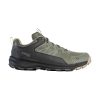 A single green and black OBOZ KATABATIC LOW B-DRY EVERGREEN - MENS hiking shoe with a rugged sole. The brand name "Oboz" is visible on the side, boasting B-DRY waterproof technology.