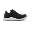 A black athletic shoe with a low-cut design, featuring a cushioned midsole for added comfort, a white sole, lace-up front, and a logo on the side. Ideal as your daily trainer or for those seeking the unparalleled support of the Topo TOPO ULTRAFLY 4 BLACK - MENS.