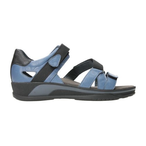 A Wolky WOLKY DESH JEANS - WOMENS lightweight blue and black open-toe sandal with adjustable straps, memory foam cushioning, and a black rubber sole viewed from the side.