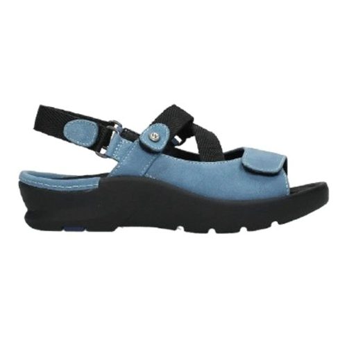 A blue open-toe sandal with a leather upper, memory foam insole, black adjustable strap, and thick black sole: the WOLKY LISSE BALTIC BLUE - WOMENS by Wolky.