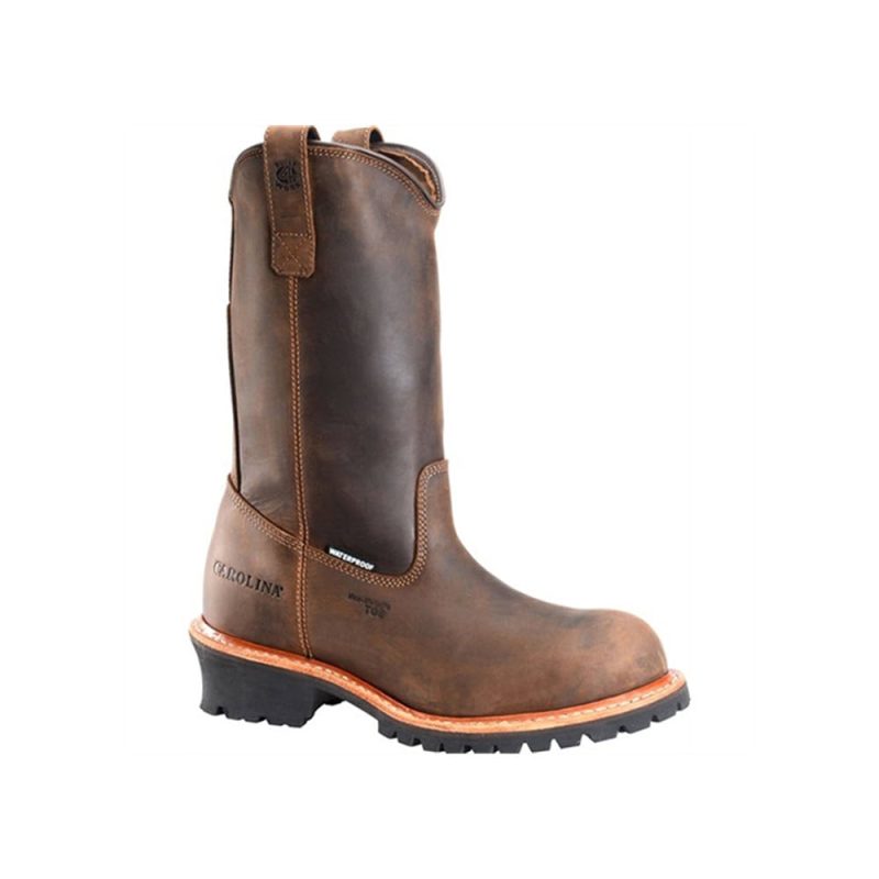 A single CAROLINA RANCH 12 INCH WELLINGTON WTPF COMP TOE CRAZY HORSE TAN - MENS with a black rubber sole, slightly lifted heel, and pull loops on each side. The boot, featuring "Carolina" inscribed on the side, is also designed as a waterproof Scubaliner™ composite-toe boot.