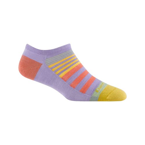 A Darn Tough ankle summer sock featuring a combination of purple, yellow, red, and orange stripes and blocks, made with sweat-wicking Merino Wool for ultimate comfort: the DARN TOUGH BEACHCOMBER NO SHOW SOCKS LAVENDER - WOMENS.