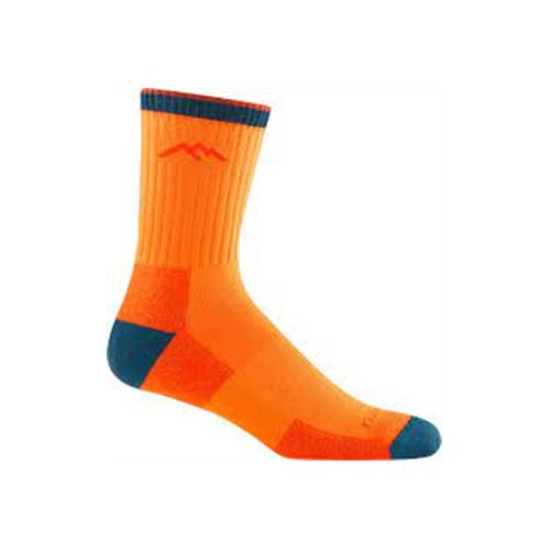 A bright orange sock with dark blue toe, heel, and cuff, featuring a simple mountain design near the top. This lighter-weight footwear, perfect as a low hiking sock, offers comfort and style in a Micro Crew Cushion fit. The **DARN TOUGH HIKER MICRO CREW SOCKS BLAZE - MENS** from **Darn Tough** are an excellent choice.