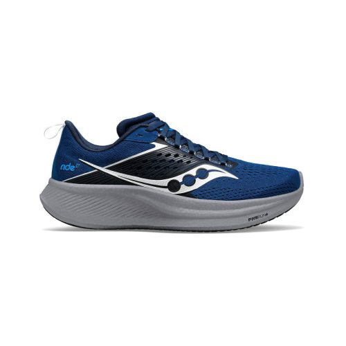 A blue and black athletic Saucony SAUCONY RIDE 17 TIDE/SILVER - MENS with a white sole, featuring a white wave-like logo on the side, a pull tab at the heel, and an engineered mesh design for added breathability.